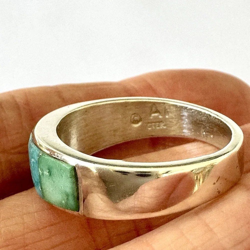 Navajo Mens Wedding Band Turquoise Inlay Sz 12.5 Ring 8mm Signed Tsosie Native